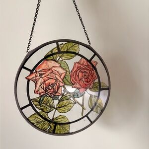 Vintage Glass Art with Red Roses and Green Leaves